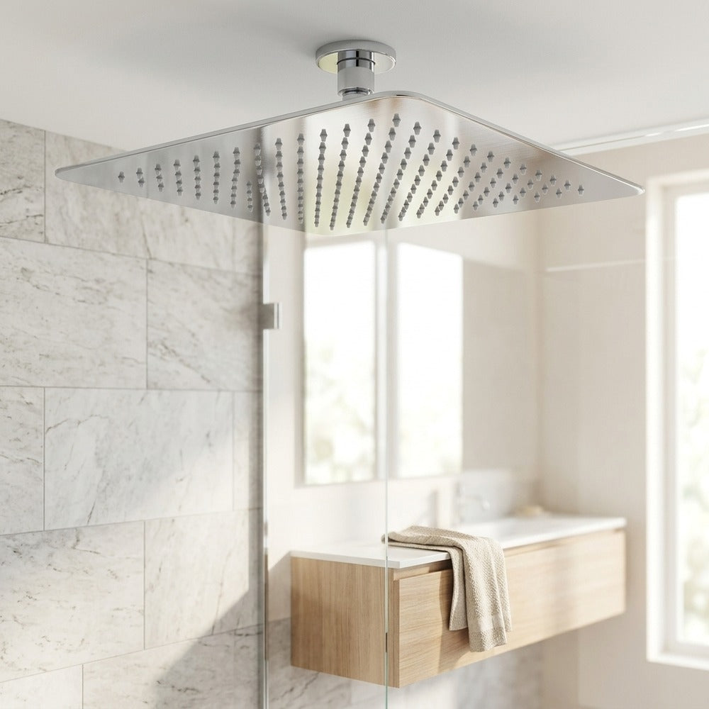 Lagomel rain shower head in chrome, set in a Contemporary bathroom