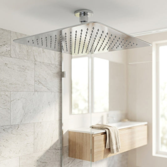 Lagomel rain shower head in chrome, set in a Contemporary bathroom