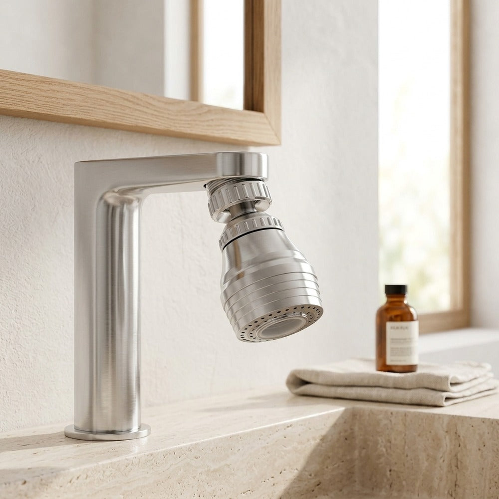 Lagomel faucet aerator in chrome, set in a Modern bathroom