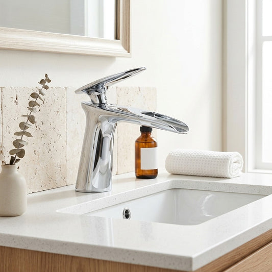 Lagomel waterfall single-hole bathroom faucet in chrome, brushed gold, pvd, oil-rubbed bronze, matte black, brushed nickel,, set in a Modern/Contemporary bathroom