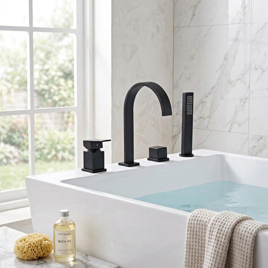 Lagomel waterfall single-handle deck-mount tub filler in chrome, matte black, set in a Modern/Contemporary bathroom