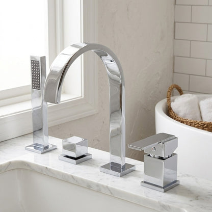 Lagomel waterfall single-handle deck-mount tub filler, set in a Modern/Contemporary bathroom
