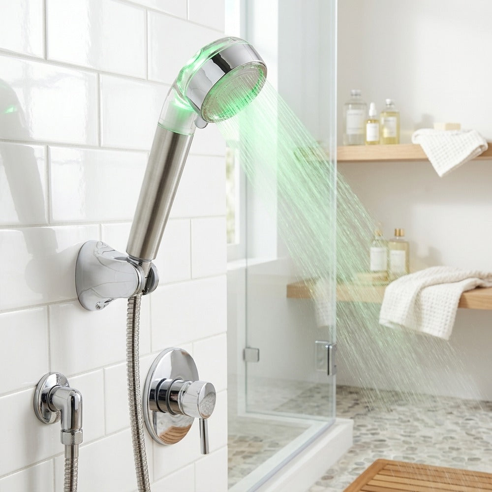 Lagomel hand shower in chrome, set in a Contemporary bathroom