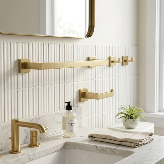 Lagomel wall-mounted bathroom hardware set in brushed gold, set in a Modern/Contemporary bathroom