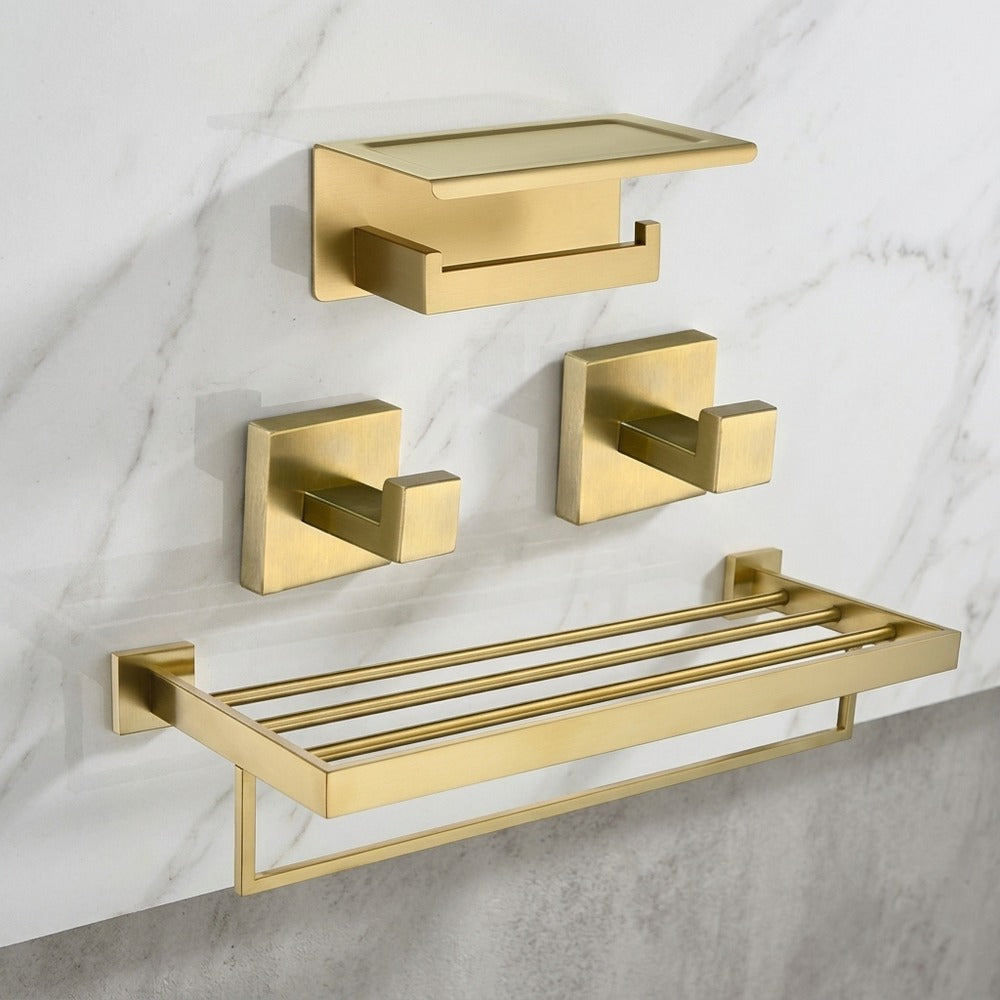 Lagomel wall-mounted bathroom hardware set in brushed gold, set in a Modern/Contemporary bathroom
