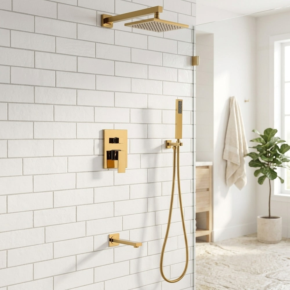 Lagomel wall-mounted single-handle tub and shower system in brushed gold, set in a Modern/Contemporary bathroom