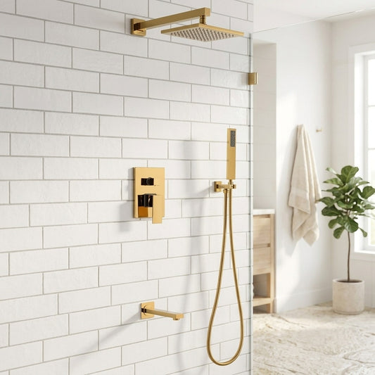 Lagomel wall-mounted single-handle tub and shower system in brushed gold, set in a Modern/Contemporary bathroom