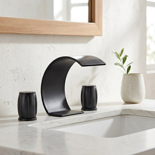 Lagomel waterfall double-handle widespread bathroom faucet in matte black, brushed nickel, chrome, polished gold, gunmetal, brushed, set in a Modern/Contemporary bathroom