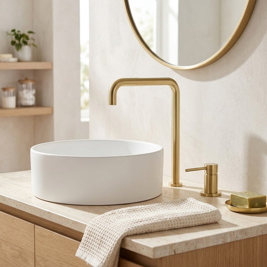 Lagomel widespread single-handle vessel sink faucet in brushed gold, chrome, matte black, rose gold, set in a Modern/Minimalist/Contemporary bathroom