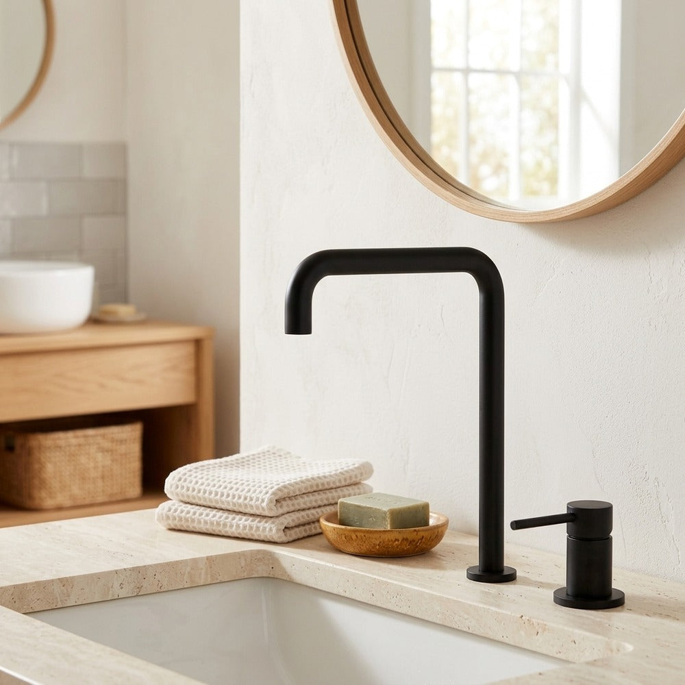 Lagomel widespread single-handle vessel sink faucet, set in a Modern/Minimalist/Contemporary bathroom