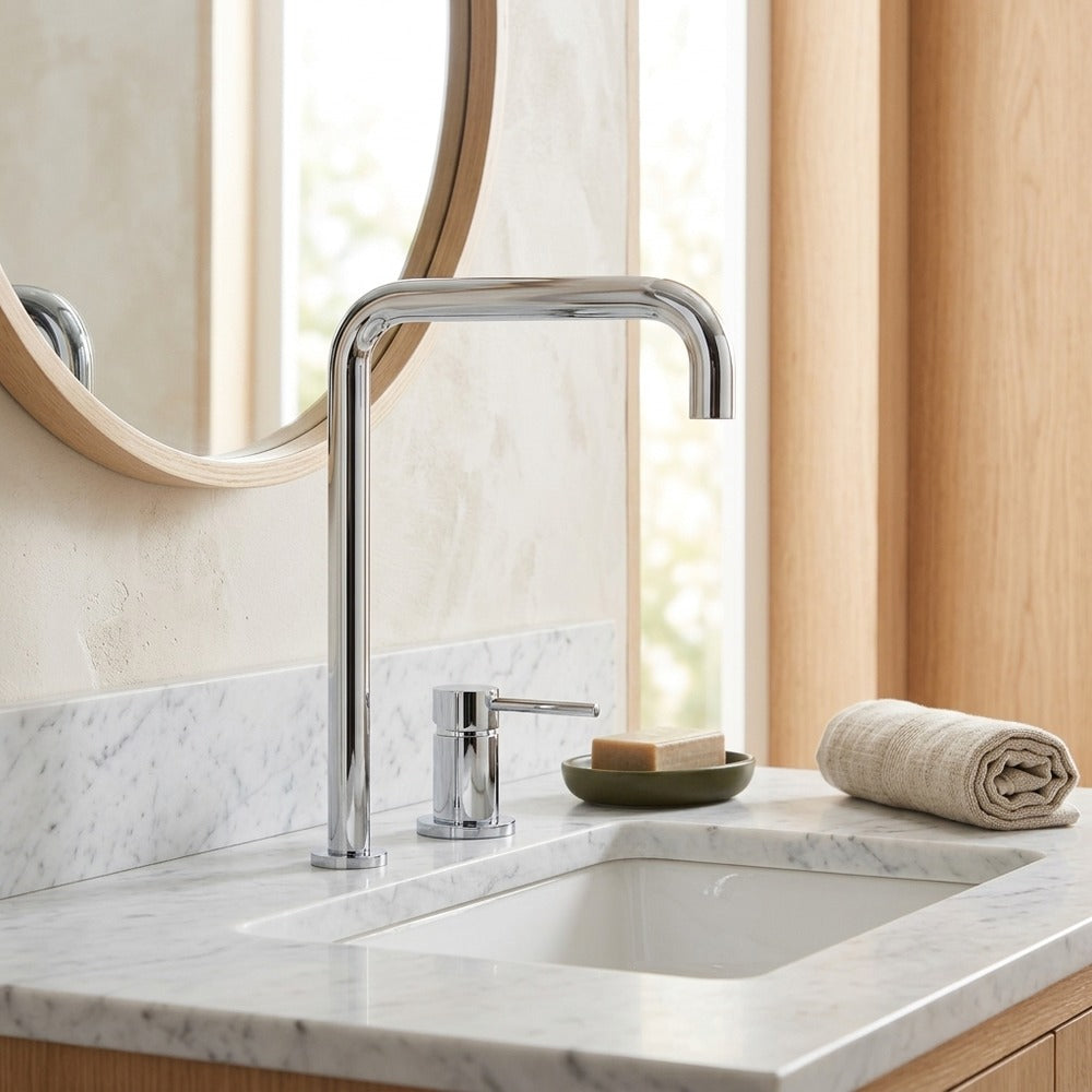 Lagomel widespread single-handle vessel sink faucet, set in a Modern/Minimalist/Contemporary bathroom