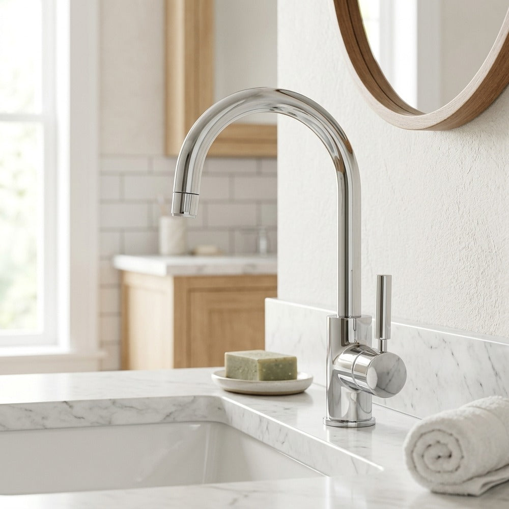 Lagomel faucet aerator in chrome, set in a Modern bathroom