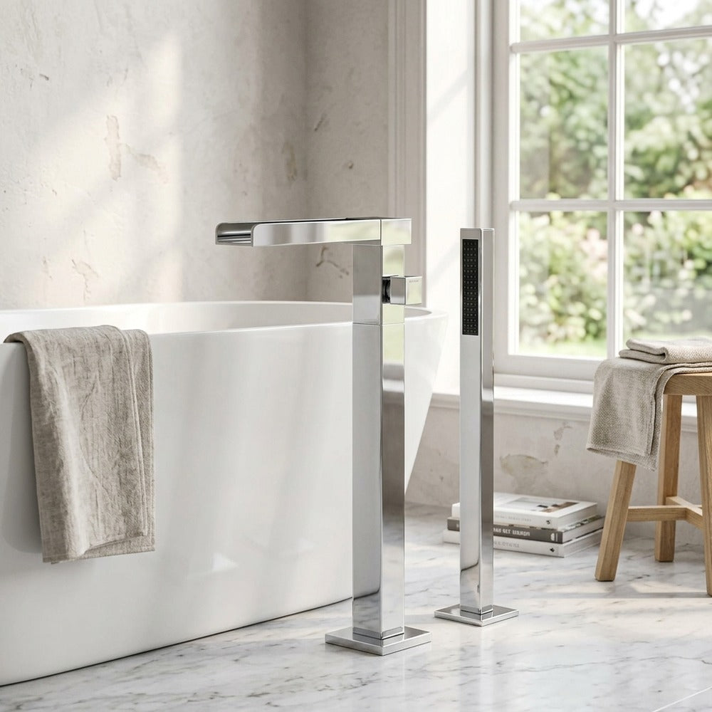 Lagomel waterfall deck-mount tub filler in chrome, set in a Modern/Contemporary bathroom