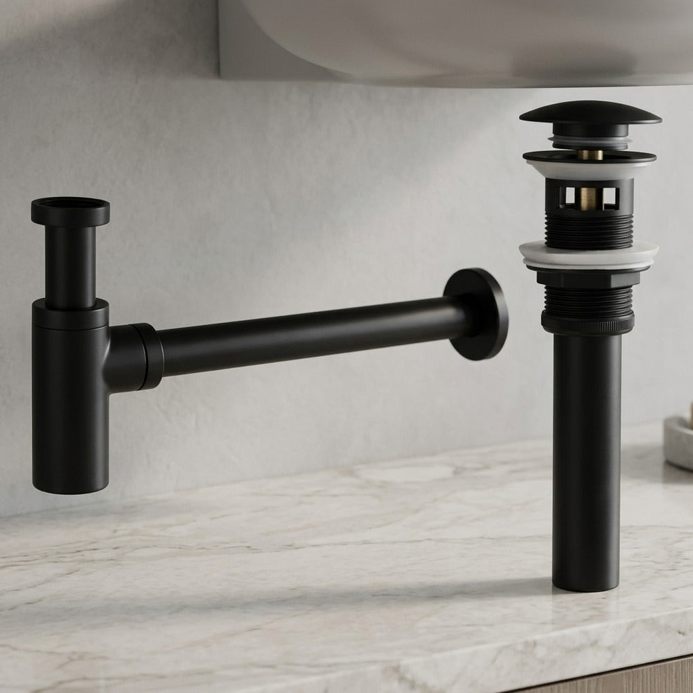 Lagomel p-trap in matte black, chrome, set in a Contemporary bathroom