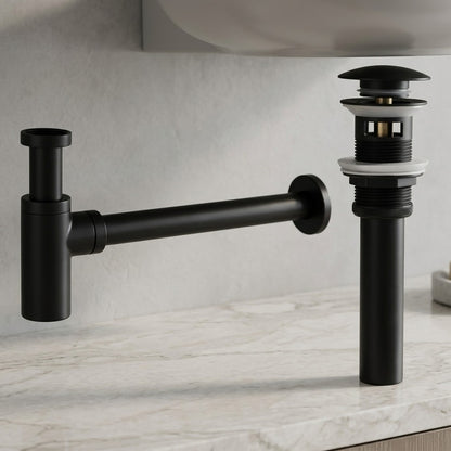 Lagomel p-trap in matte black, chrome, set in a Contemporary bathroom
