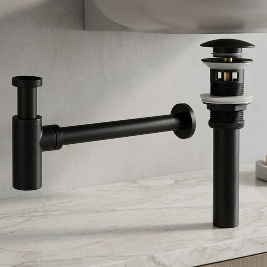 Lagomel p-trap in matte black, chrome, set in a Contemporary bathroom