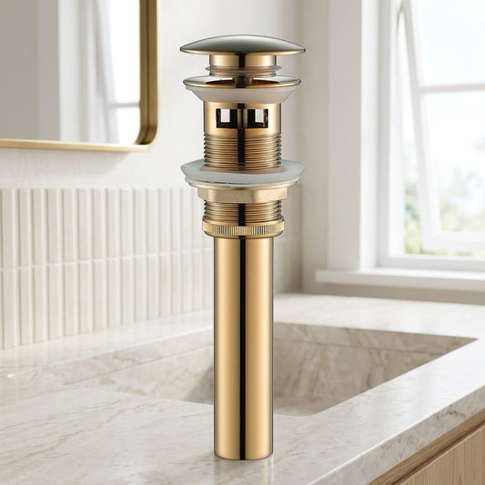 Lagomel bathroom sink drain in chrome, polished gold, rose gold, brushed bronze, oil-rubbed bronze, matte black,, set in a Contemporary bathroom