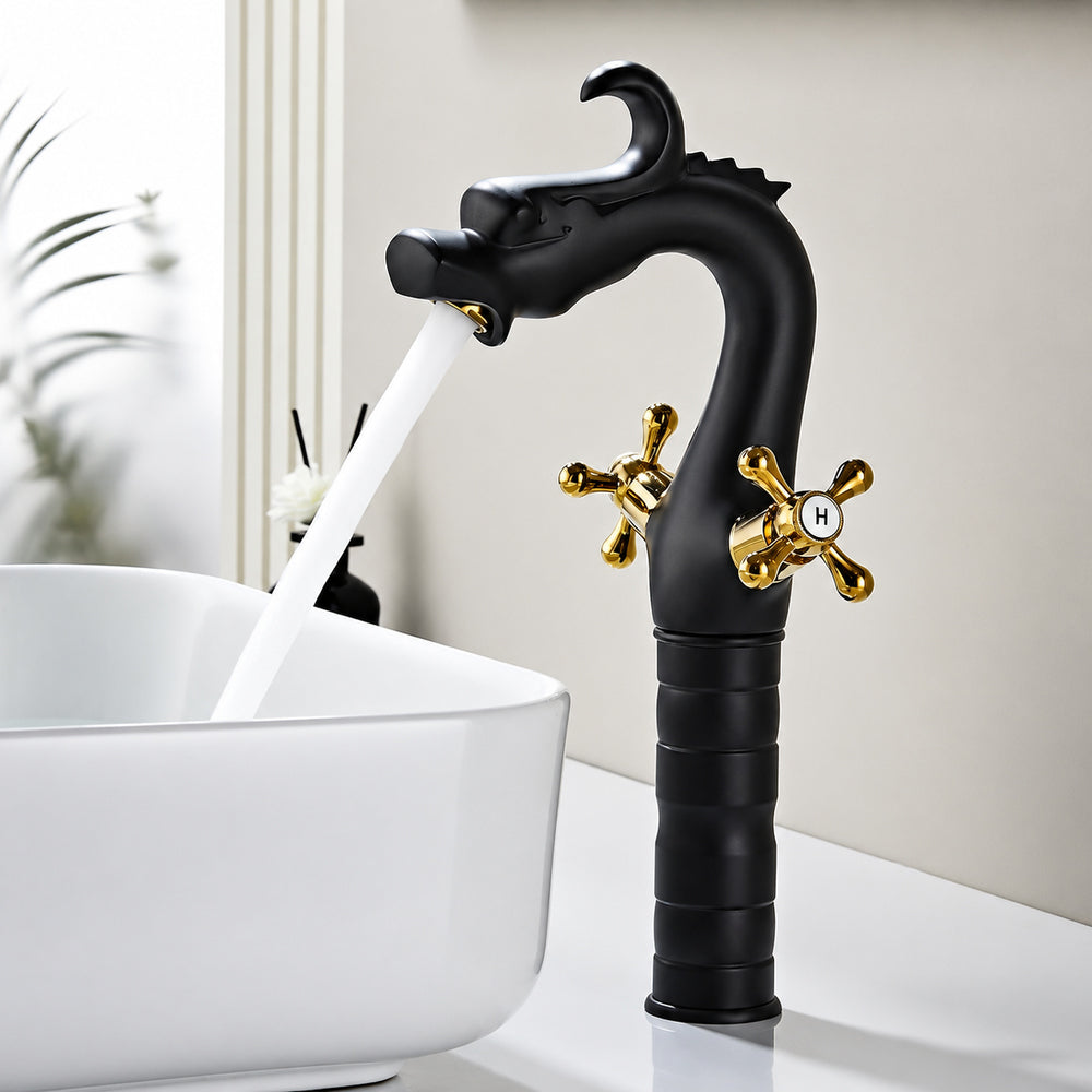 Two-Tone Dragon-Shaped Bathroom Faucet, Single-Hole Vessel Sink Faucet with Dual Cross Handles