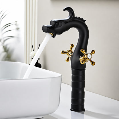 Two-Tone Dragon-Shaped Bathroom Faucet, Single-Hole Vessel Sink Faucet with Dual Cross Handles