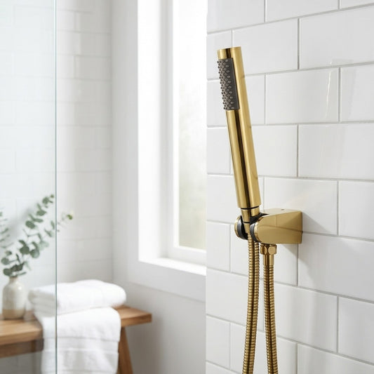Lagomel hand shower in brushed gold, brushed nickel, chrome, matte black, set in a Modern/Contemporary bathroom