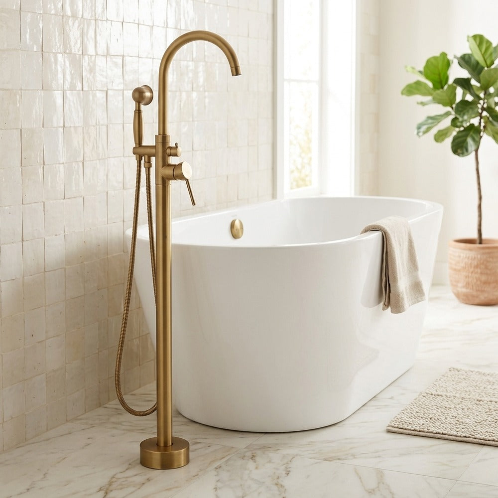Lagomel single-handle freestanding tub filler in antique brass, matte black, set in a Traditional/Classic/Vintage/Retro bathroom