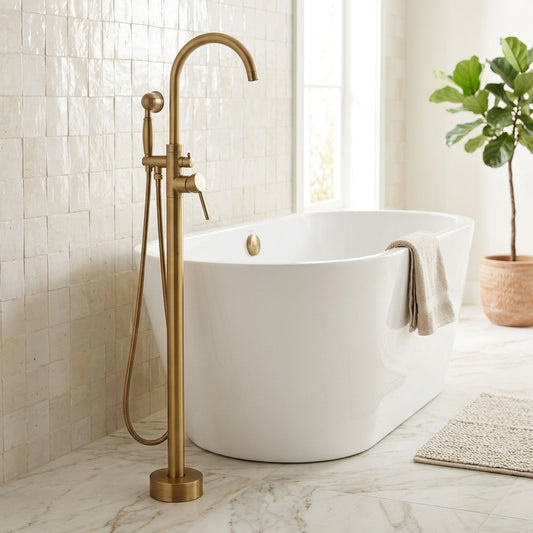 Lagomel single-handle freestanding tub filler in antique brass, matte black, set in a Traditional/Classic/Vintage/Retro bathroom