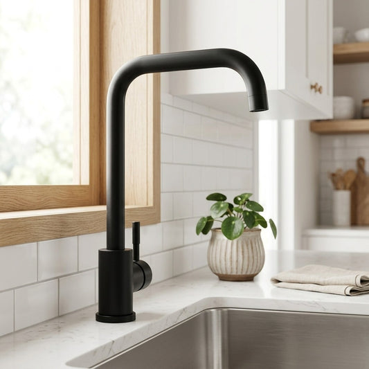 Lagomel single-handle kitchen faucet in matte black, brushed nickel, two-tone / mixed finish, set in a Contemporary/Modern kitchen