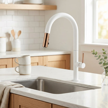Lagomel single-handle pull-down kitchen faucet in matte black, matte white, two-tone / mixed finish, set in a Modern/Contemporary kitchen