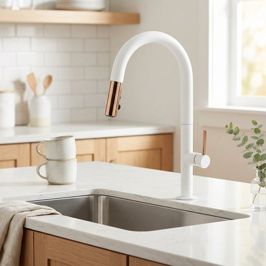 Lagomel single-handle pull-down kitchen faucet in matte black, matte white, two-tone / mixed finish, set in a Modern/Contemporary kitchen