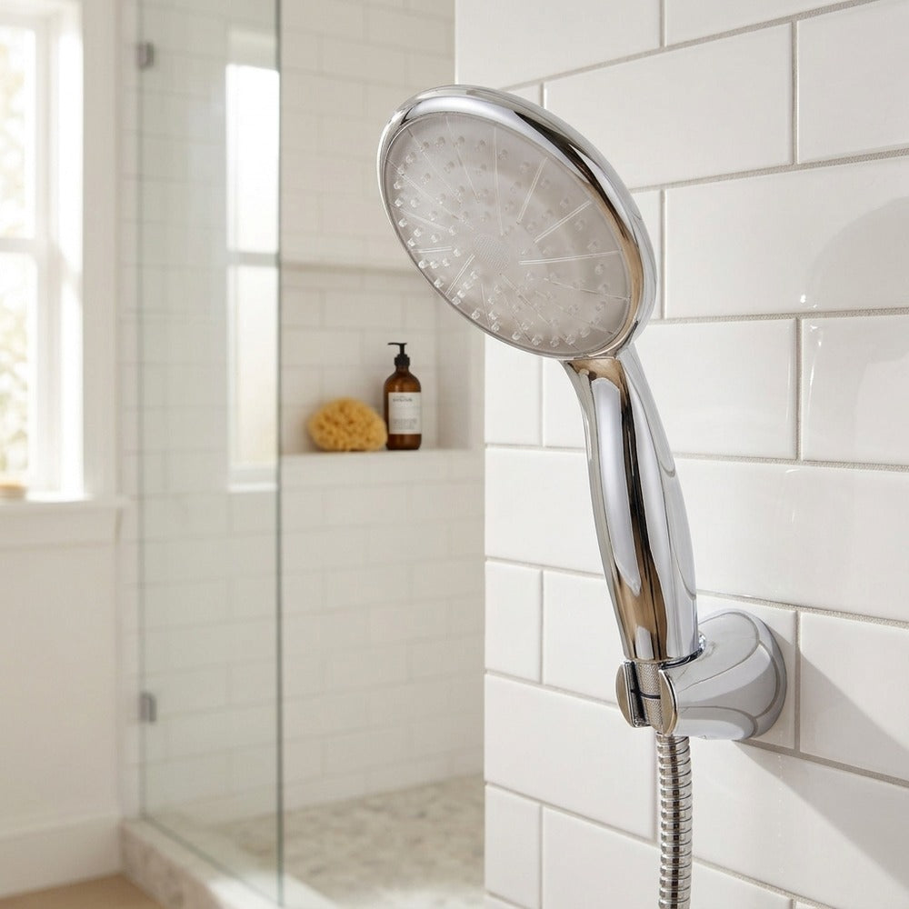 Lagomel hand shower in chrome, set in a Contemporary bathroom