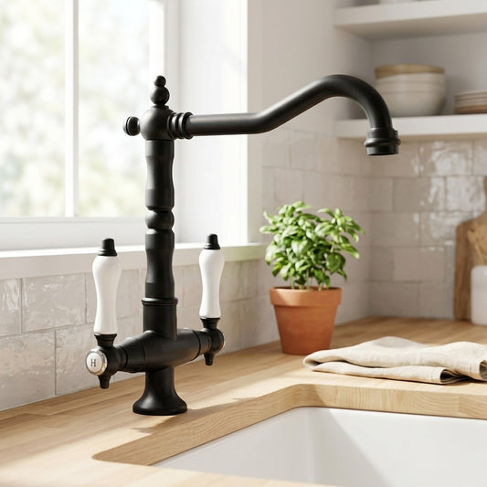 Lagomel two-handle kitchen faucet in two-tone / mixed finish, set in a Traditional/Classic kitchen
