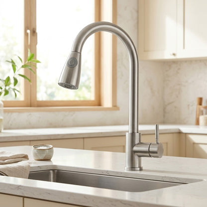 Lagomel single-handle pull-down kitchen faucet in brushed nickel, chrome, set in a Contemporary/Modern kitchen