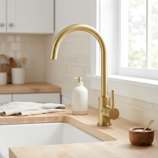 Lagomel single-handle kitchen faucet in brushed gold, set in a Contemporary/Modern kitchen