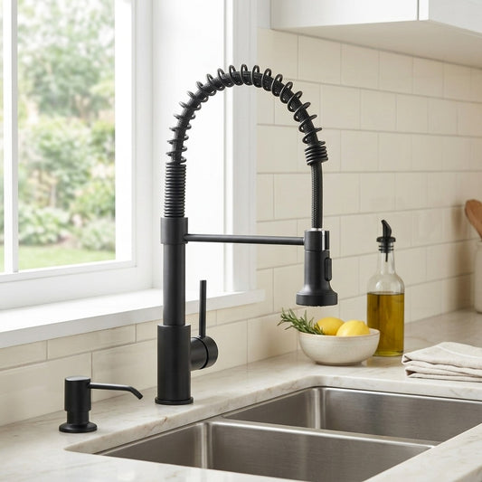 Lagomel pull-down kitchen faucet in matte black, brushed nickel, chrome, set in a Modern/Contemporary/Industrial kitchen