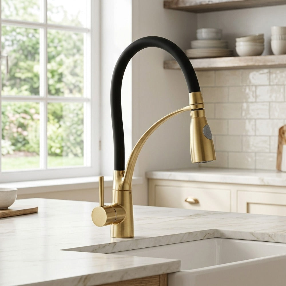 Lagomel single-hole single-handle pull-down kitchen faucet in two-tone / mixed finish, set in a Modern/Contemporary kitchen
