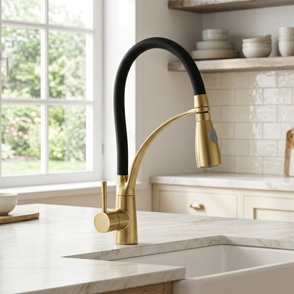 Lagomel single-hole single-handle pull-down kitchen faucet in two-tone / mixed finish, set in a Modern/Contemporary kitchen