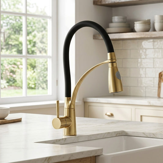 Lagomel single-hole single-handle pull-down kitchen faucet in two-tone / mixed finish, set in a Modern/Contemporary kitchen