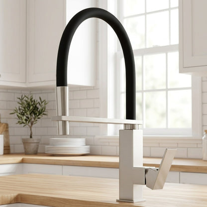 Lagomel single-hole single-handle pull-down kitchen faucet in electroplated, set in a Contemporary kitchen
