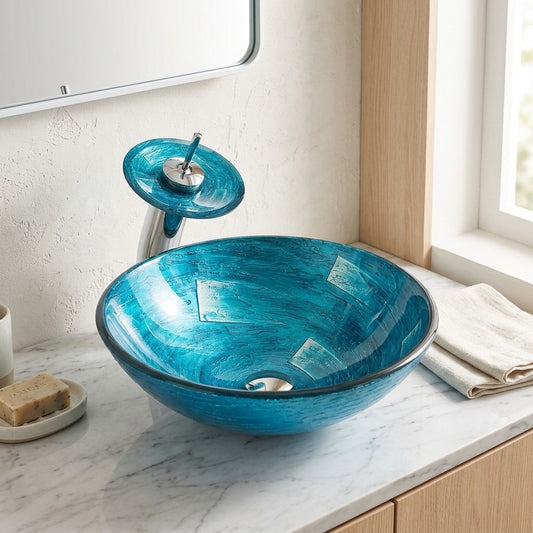 Lagomel waterfall single-handle faucet and sink set in chrome, set in a Contemporary bathroom