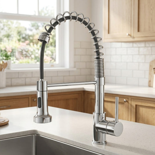 Lagomel pull-down single-handle pre-rinse kitchen faucet in chrome, set in a Modern/Contemporary kitchen