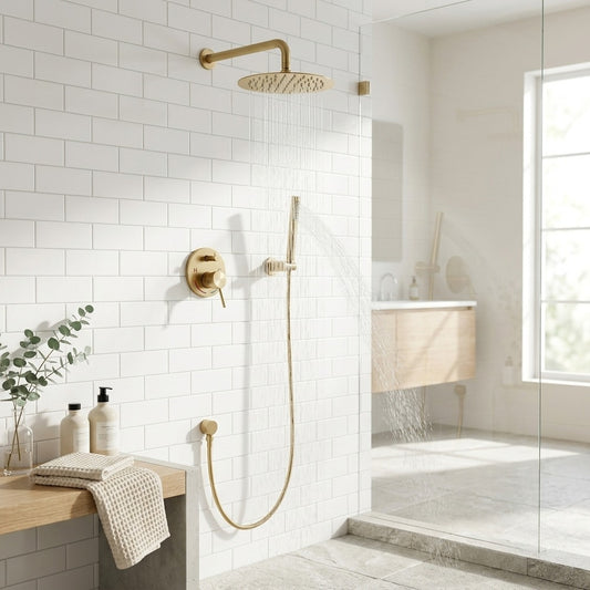 Lagomel wall-mounted single-handle complete shower system in brushed gold, set in a Modern/Contemporary bathroom