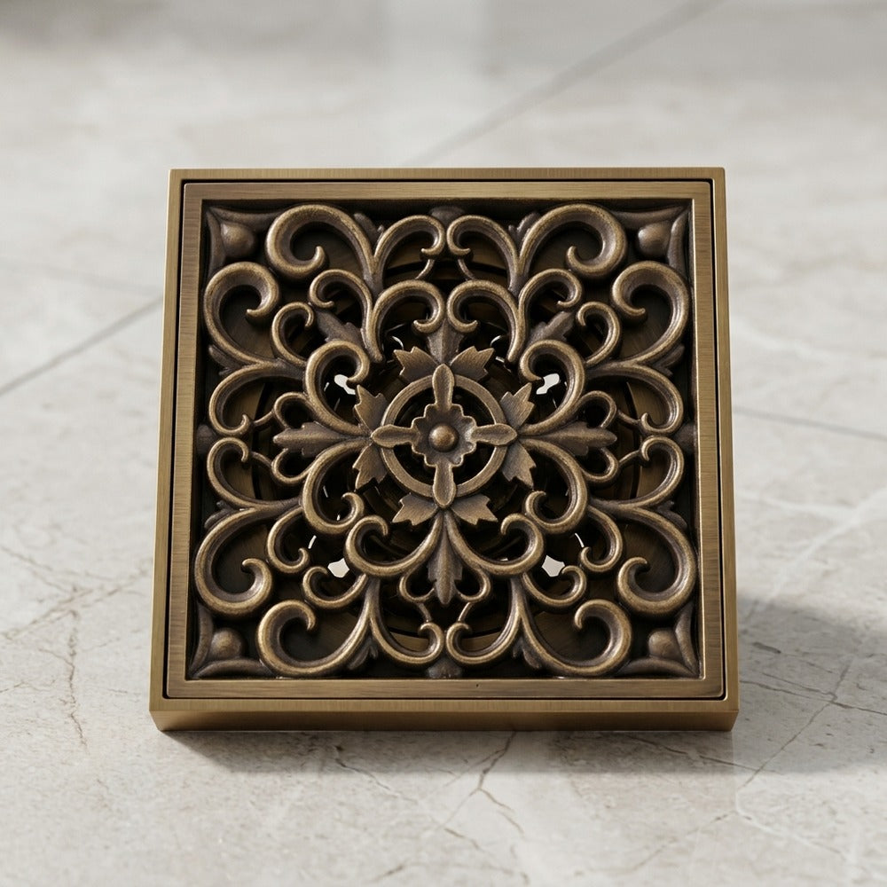 Antique Bronze Square Brass Floor Drain, Vintage Shower Drain Grate with Removable Carved Cover