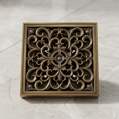Antique Bronze Square Brass Floor Drain, Vintage Shower Drain Grate with Removable Carved Cover