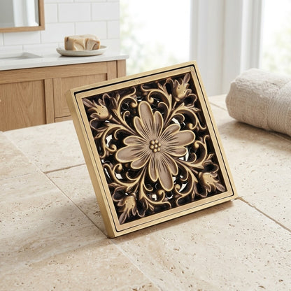 Lagomel square floor drain in antique brass, set in a Traditional/Classic bathroom