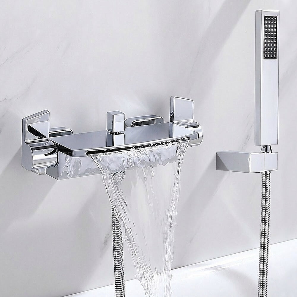Lagomel waterfall wall-mount tub filler in chrome, matte black, set in a Modern/Contemporary bathroom