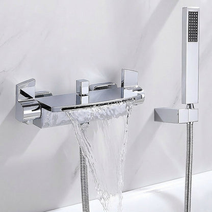 Lagomel waterfall wall-mount tub filler in chrome, matte black, set in a Modern/Contemporary bathroom