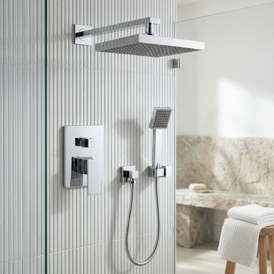 Lagomel wall-mounted complete shower system in chrome, set in a Contemporary bathroom