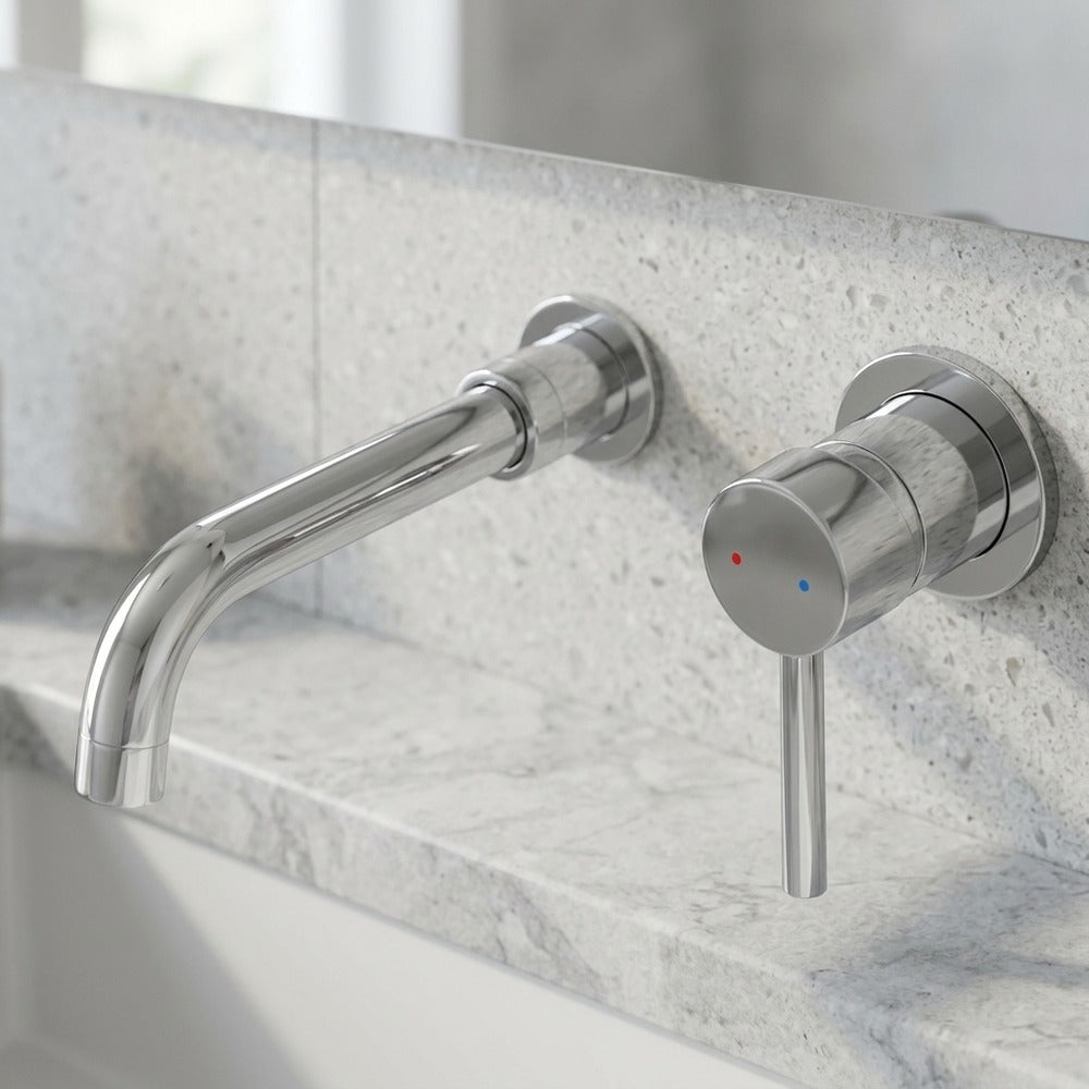 Lagomel single-handle wall-mount bathroom faucet in brushed gold, matte black, chrome, set in a Modern/Contemporary bathroom