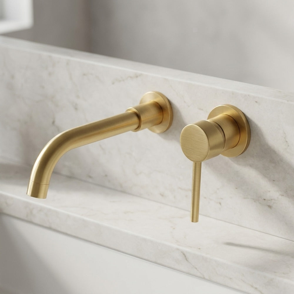 Lagomel single-handle wall-mount bathroom faucet, set in a Modern/Contemporary bathroom