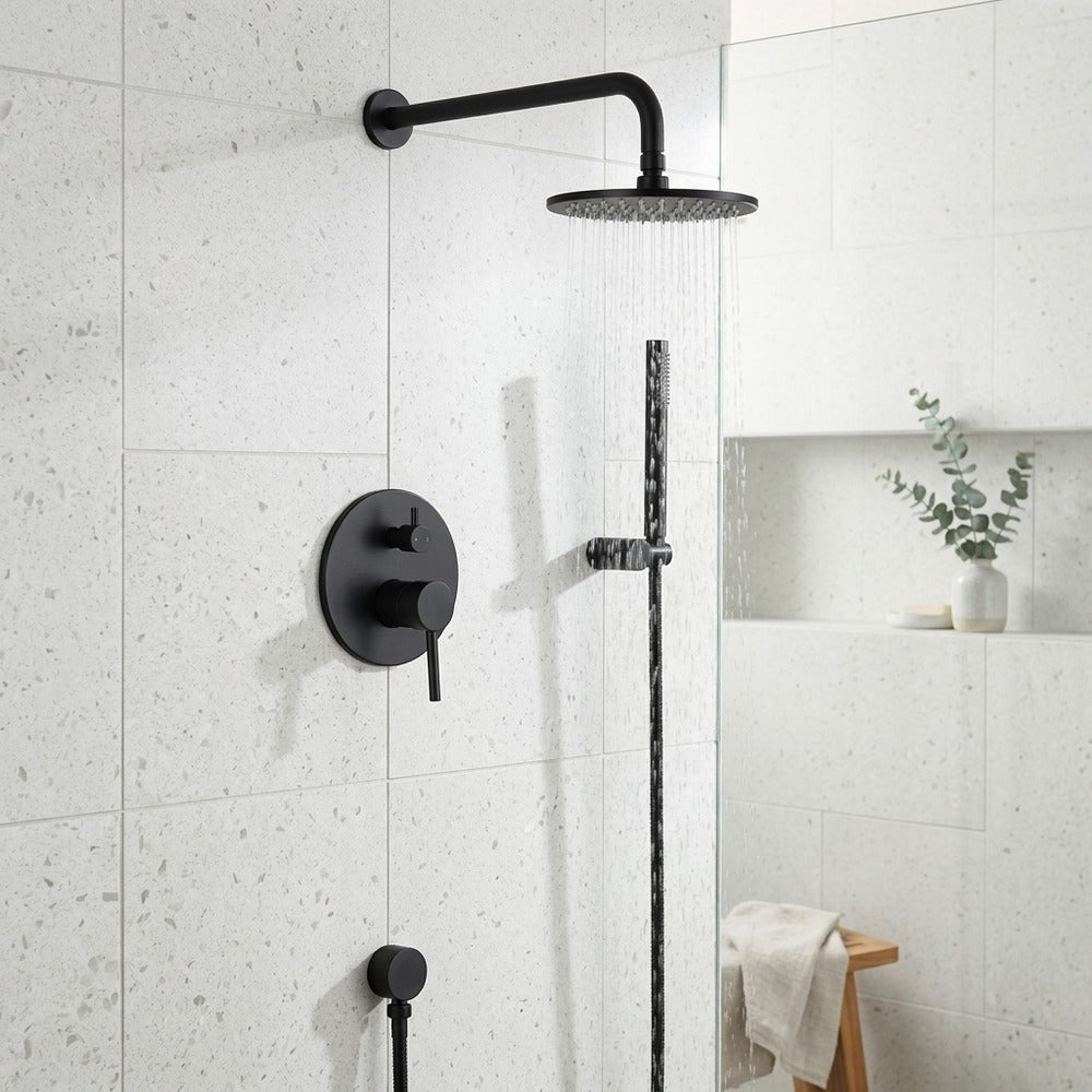 Lagomel wall-mounted single-handle complete shower system in matte black, set in a Contemporary/Modern bathroom